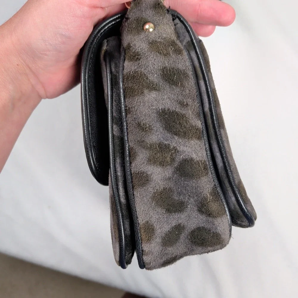 Kate Spade Gray Leopard Print Calf Hair Shoulder Bag Gold Turn Lock Preppy